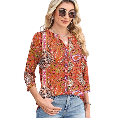 Women's Tops V Neck 3/4 Sleeve Button Down Business Casual Blouses Fall Tunics Shirts